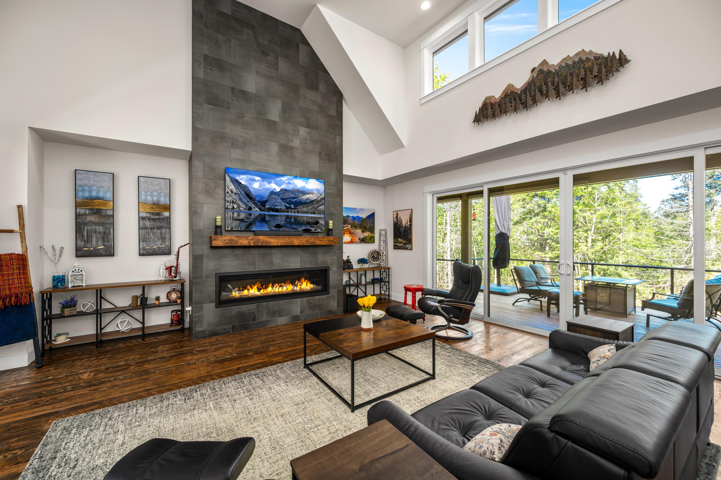 Great room with full-height fireplace